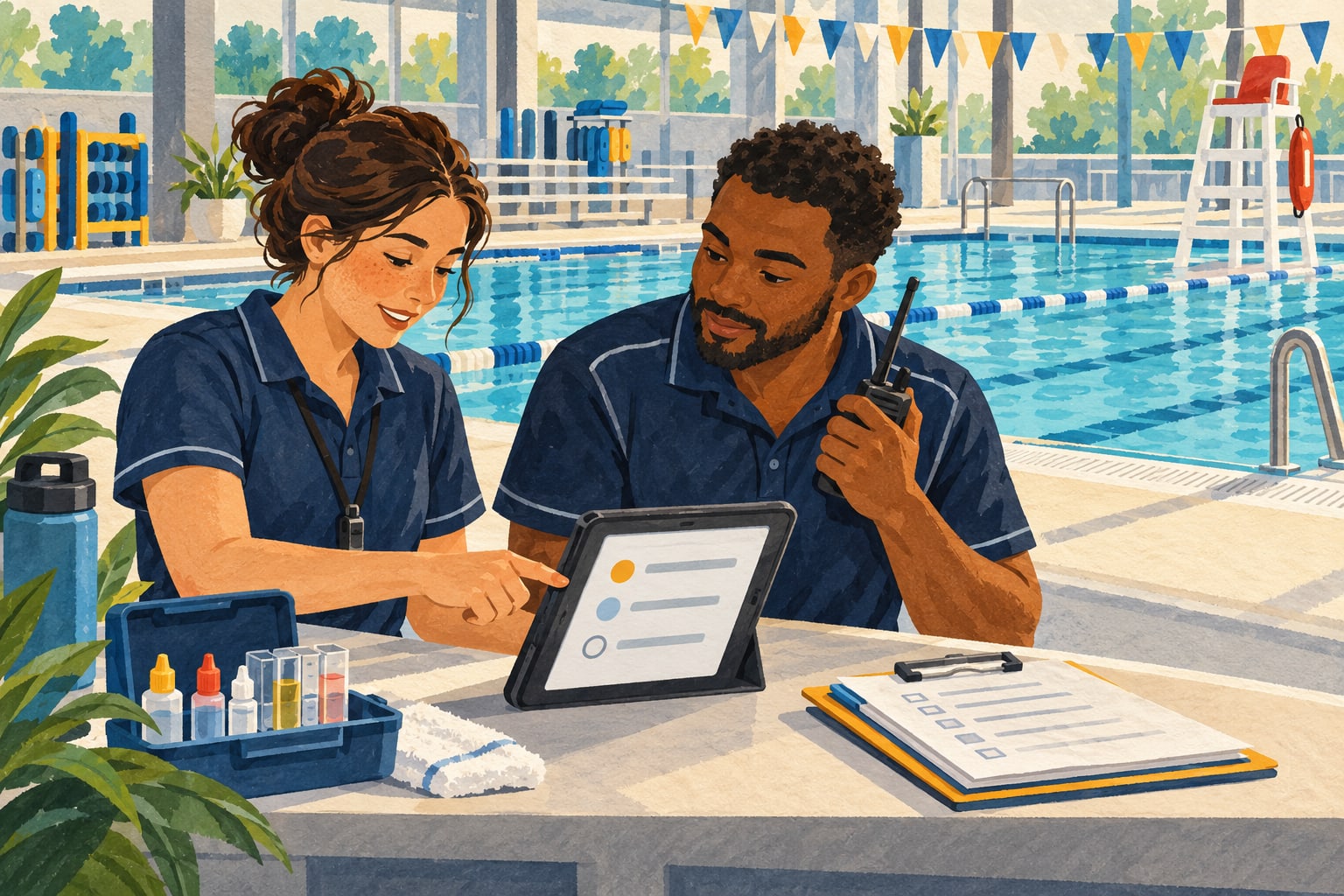 Illustration of two aquatic staff members reviewing a task on a tablet during a shift handoff