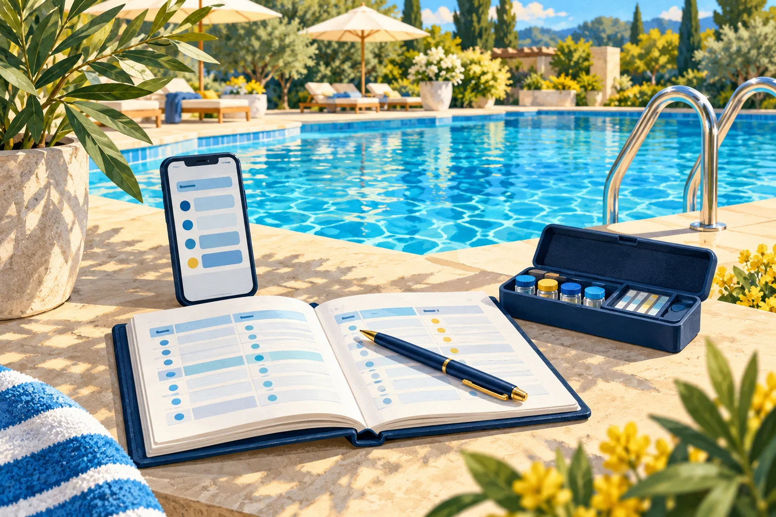 Illustration of a pool logbook, phone, and water-test kit beside a swimming pool