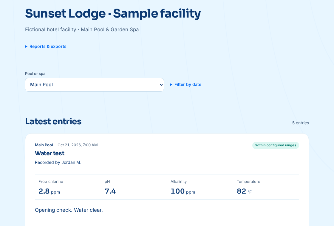 SwimmingPoolLog’s sample facility logbook showing water-test readings and recorded staff names