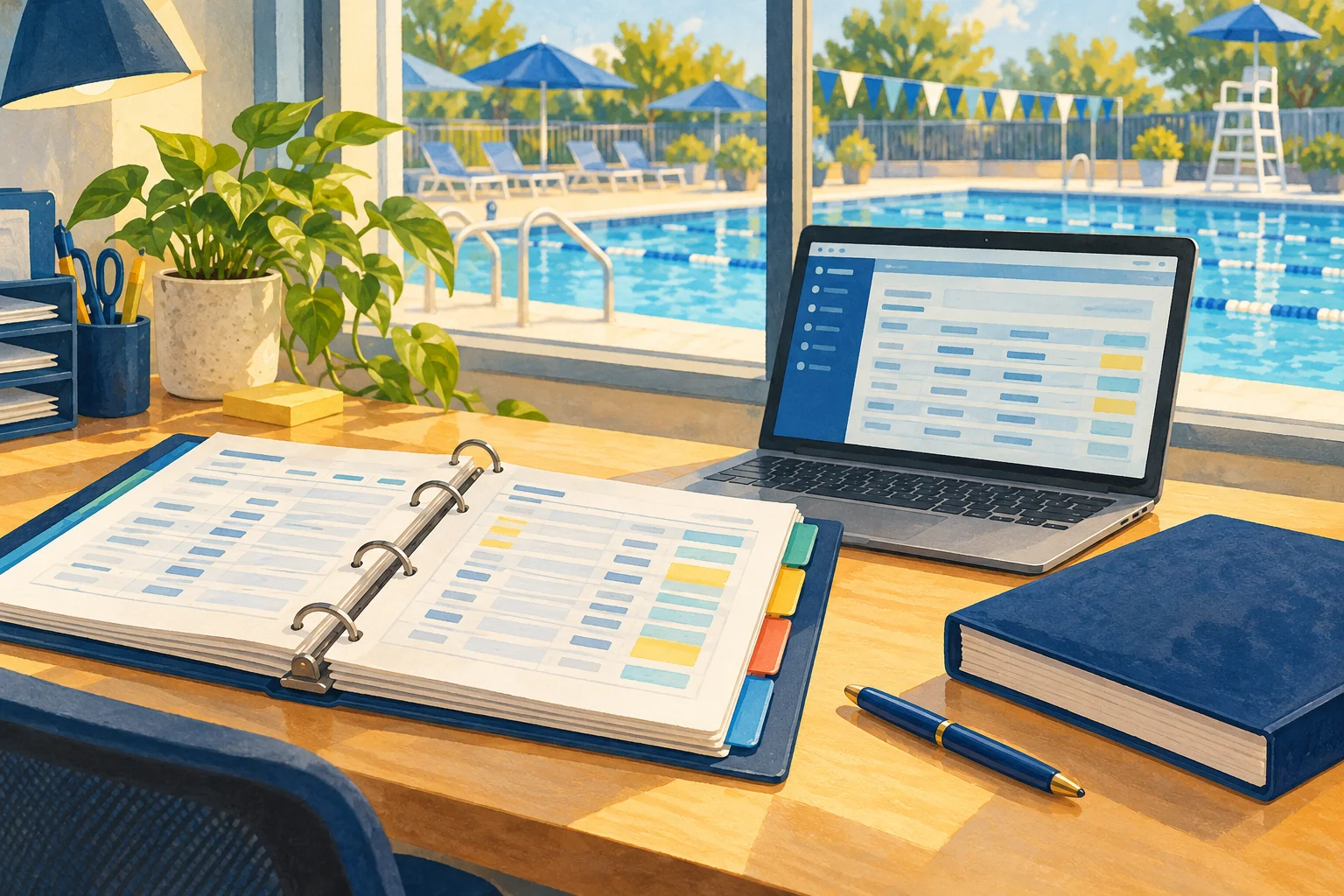 An organized pool log binder next to a laptop and reference handbook