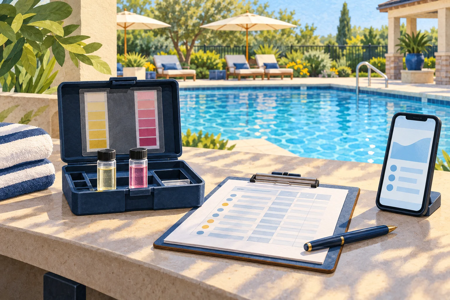 A clipboard and phone beside a water-test kit at a commercial pool